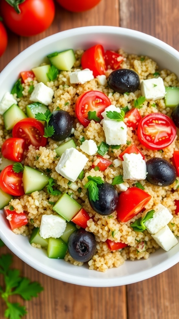 A colorful Mediterranean quinoa salad with cucumbers, tomatoes, olives, and feta cheese on a rustic table.